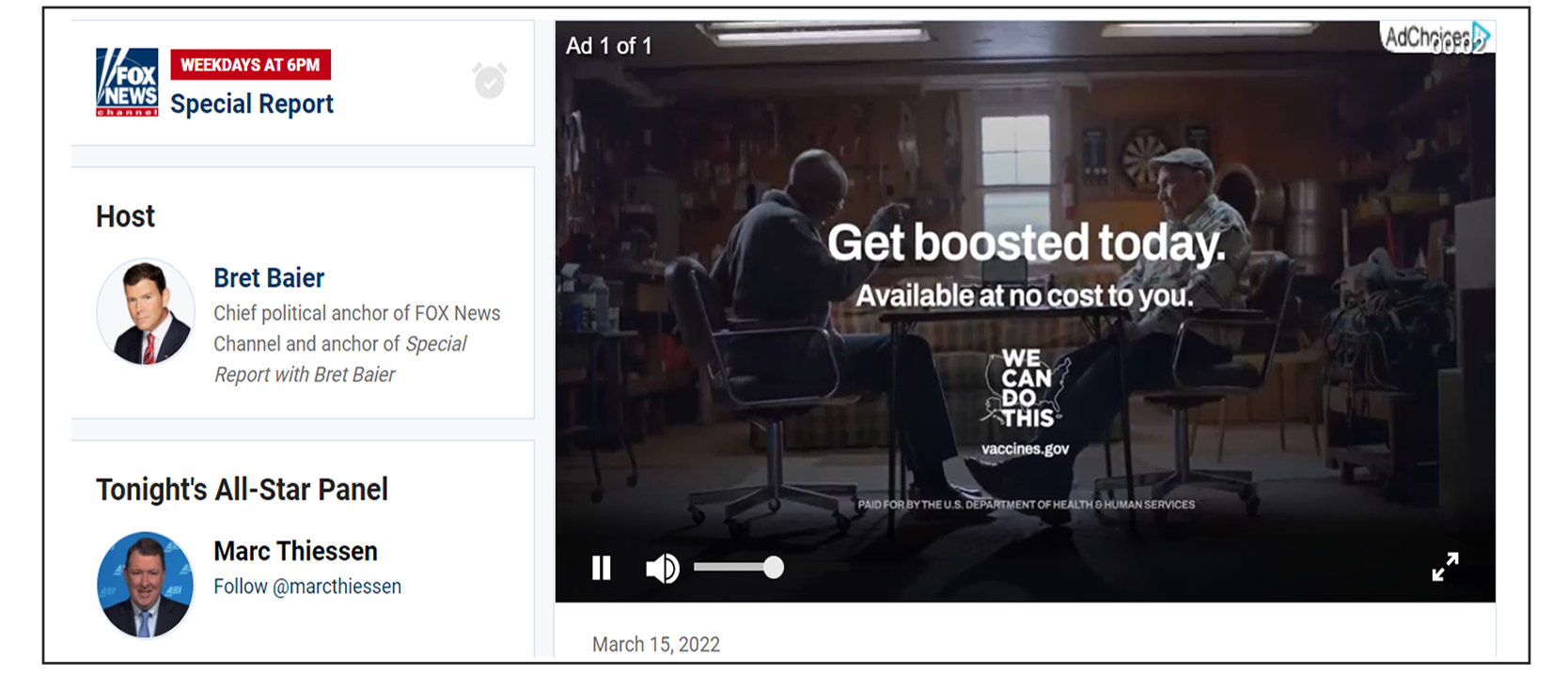 Fox News ad pushing Covid19 booster shots on its conservative audience on 3/15/2022